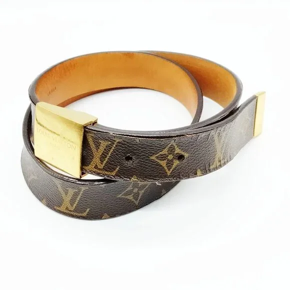 Authentic Louis Vuitton Monogram Belt Gold Buckle LV Vintage Designer Belt - Picture 2 of 10